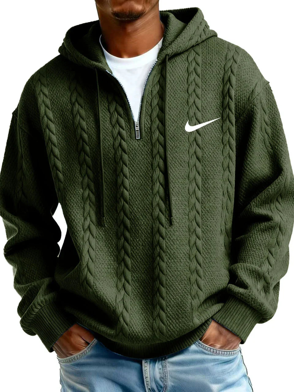 Men's Half Zip Cable-Knit Textured Fleece Hoodie