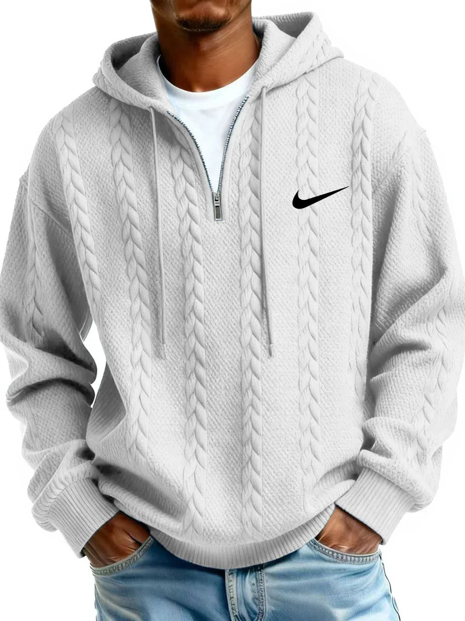 Men's Half Zip Cable-Knit Textured Fleece Hoodie