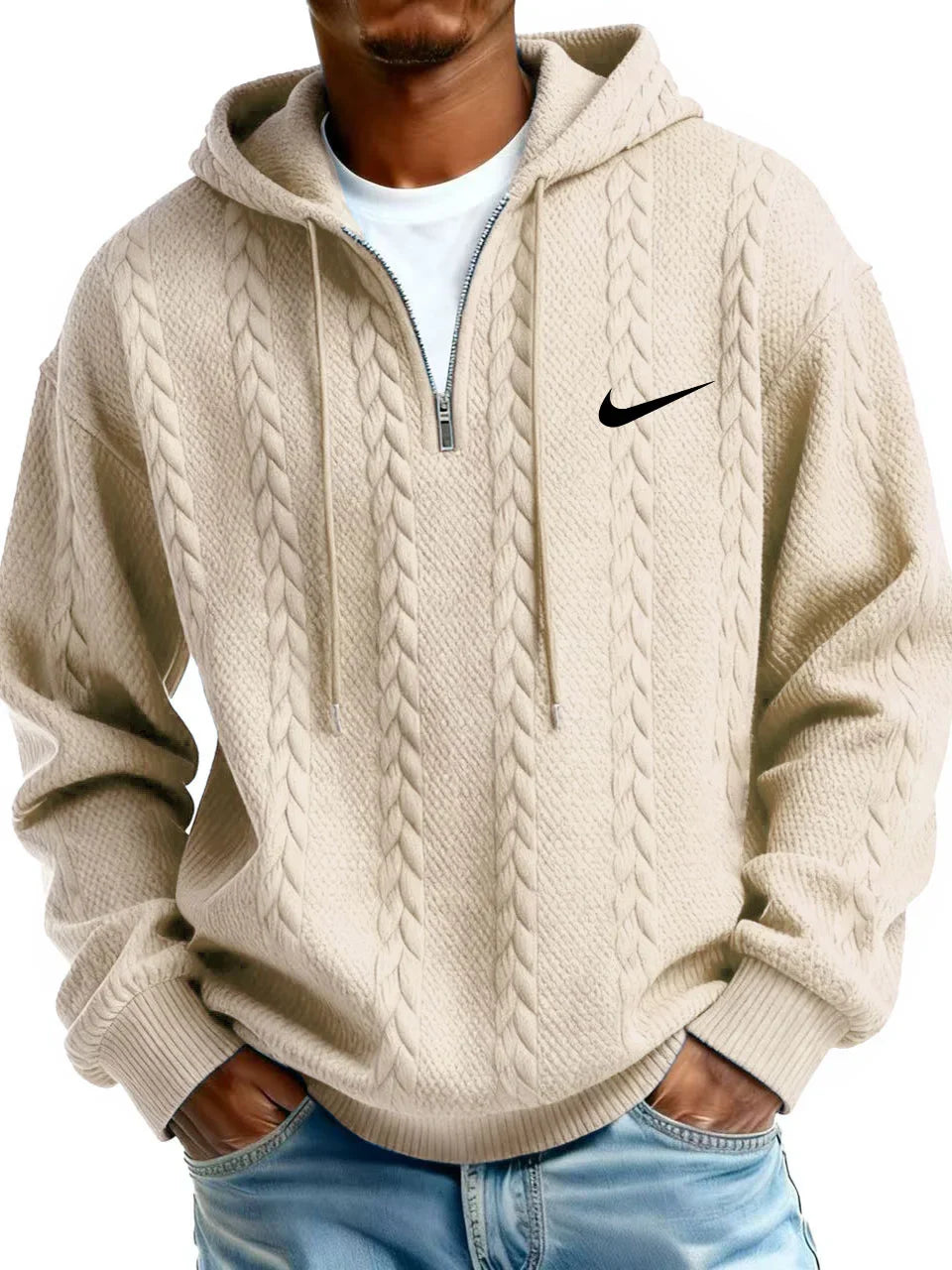 Men's Half Zip Cable-Knit Textured Fleece Hoodie