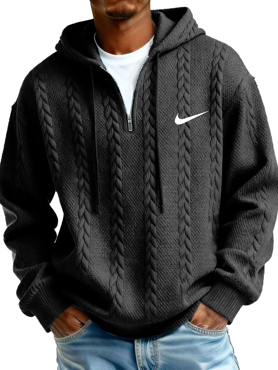 Men's Half Zip Cable-Knit Textured Fleece Hoodie